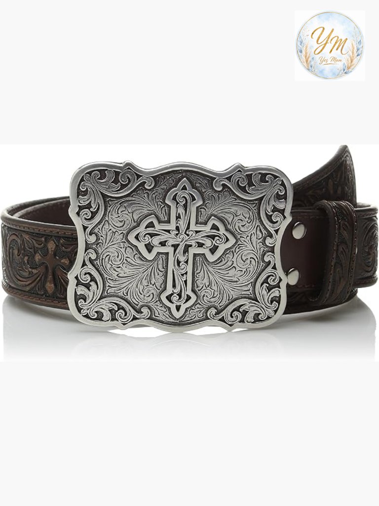Genuine Leather Cross Embossed Western Belt With Filigree Buckle